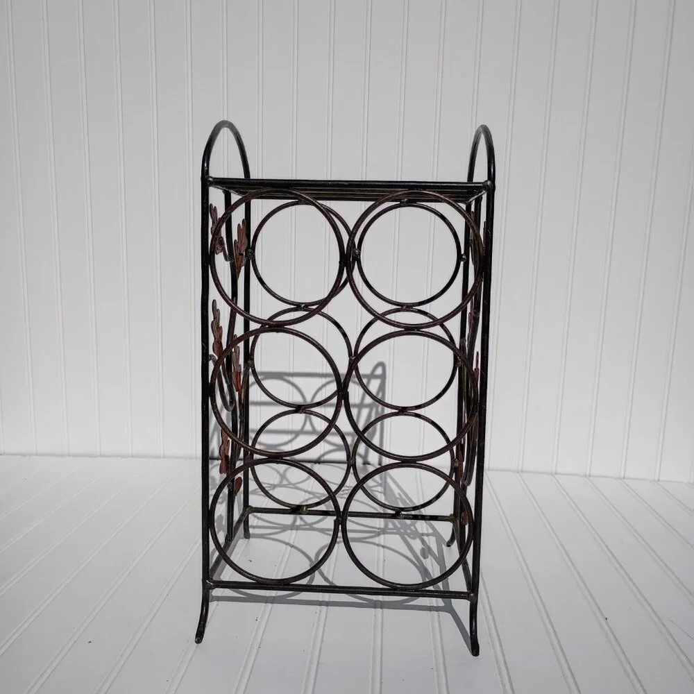 Wrought Iron Wine Rack 6 Bottle Holder Rust Leaf Accents Vintage Shelf Bronze